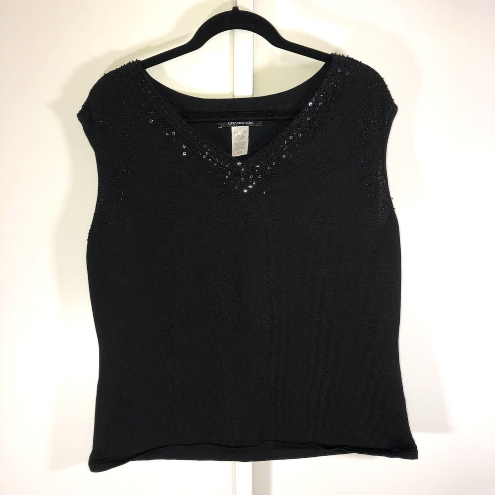 Jones NY Women's Beaded Black Fine Knit Sleeveless Sweater XL V Neck